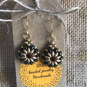 Black and Gold Beaded Flower Earrings